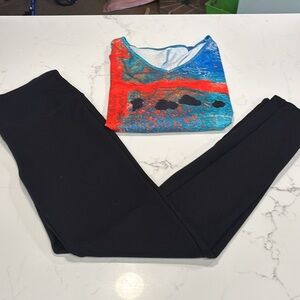 Liz Claiborne Black Leggings Comfortable Stretch Fit with a colorful blouse.